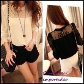 Blusa de manga comprida Chiffon e gola•